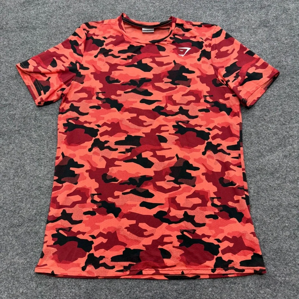 Gymshark Mens Red Orange Camo Performance Training T-Shirt Size L